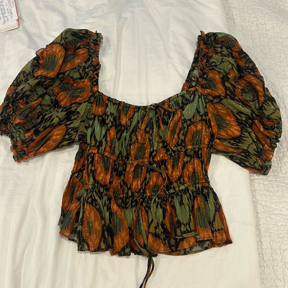 Ulla Johnson Green and Rust Puff-Sleeve Smocked Peplum Top